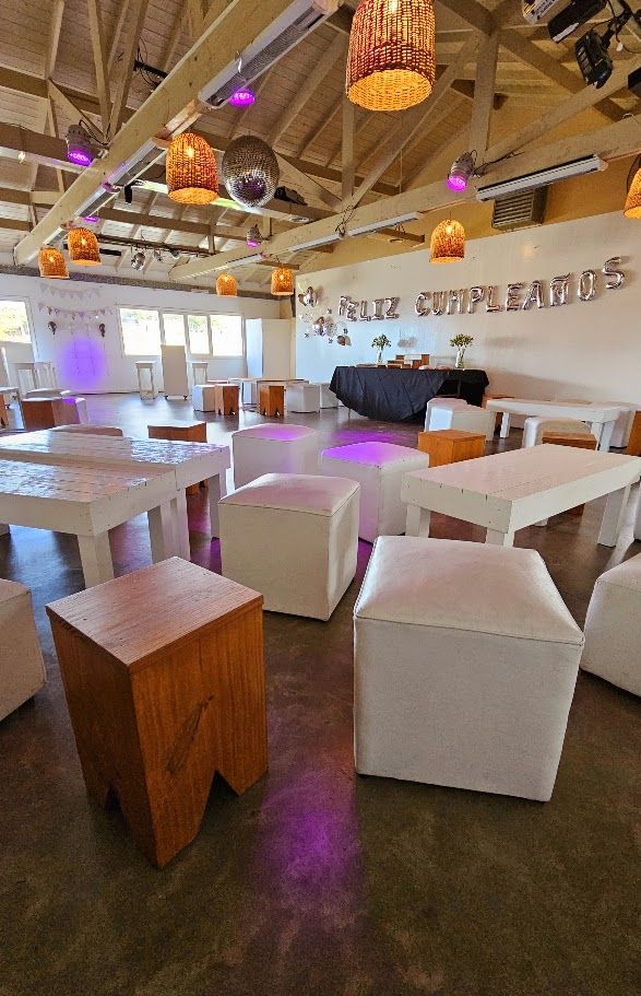 Salón armado para un cumpleaños con mesas bajas, puffs y banquetas de madera